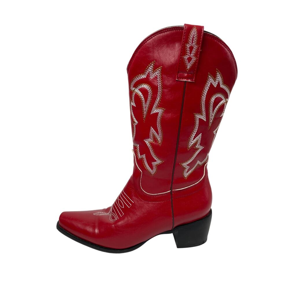 Womens Red Faux Leather Classic Embroidered Mid Calf Western Cowgirl Boots 6.5